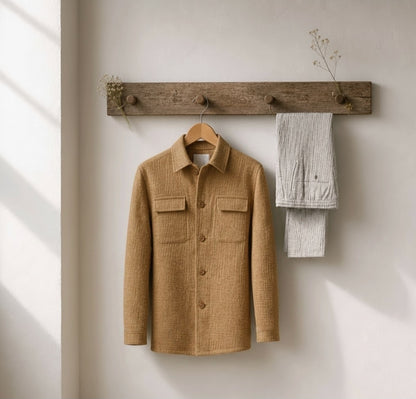 A tan textured button-up shirt jacket hangs on a wooden wall rack, with a folded light gray ribbed knit garment beside it against a warm off-white wall.