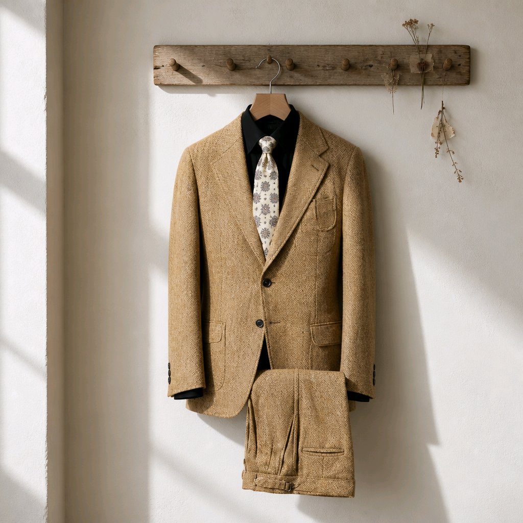 A tan tweed suit jacket and matching trousers are displayed on a wooden hanger against a white wall, styled with a black shirt and a patterned tie. The setup is hung from a rustic wooden peg on the wall.