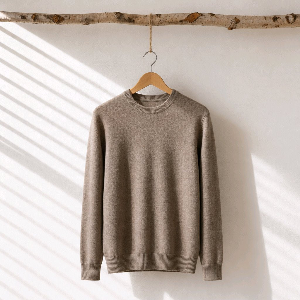 A taupe knit crewneck sweater hanging on a wooden hanger from a birch branch, set against a white wall with soft diagonal window shadow patterns.