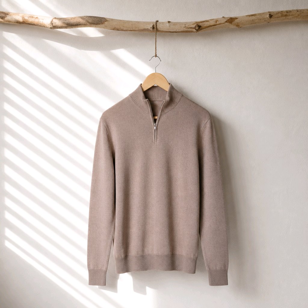 A taupe knit quarter-zip sweater hanging on a wooden hanger from a rustic branch, set against a textured off-white wall with soft diagonal window shadow patterns.