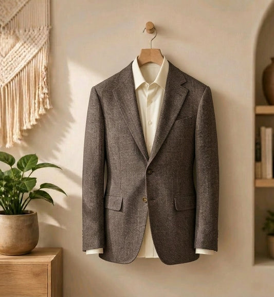 A textured brown blazer jacket styled over a cream dress shirt, hanging on a wooden hanger against a warm beige wall in a styled room setting with a macrame wall hanging, potted plants, and wooden shelves.