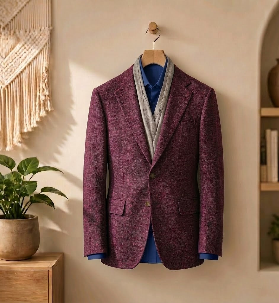 A textured plum purple blazer jacket hanging on a wooden hanger against a warm beige wall, styled with a gray knit sweater and blue collared shirt underneath. The scene is decorated with a macrame wall hanging, a potted green plant, and a wooden shelf with a ceramic vase.