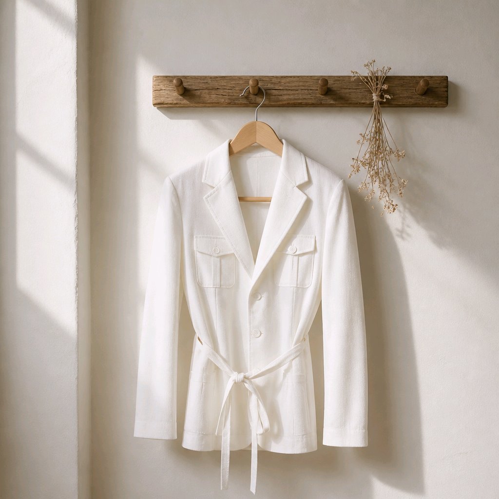A white belted blazer jacket with notch lapels and flap chest pockets hangs on a wooden hanger from a rustic wooden wall rack against a warm off-white wall.