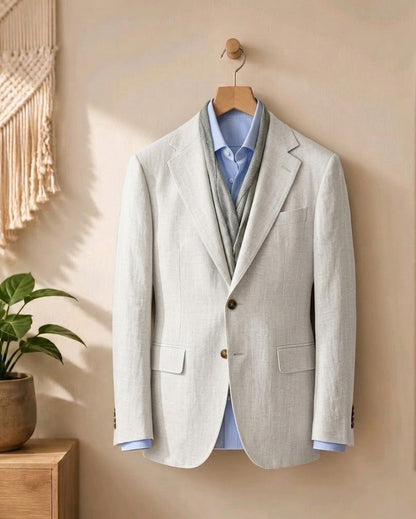 A white linen-blend blazer jacket hanging on a wooden hanger against a warm beige wall, styled with a gray knit vest, a light blue dress shirt, and a brown leather belt.