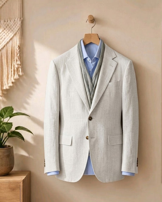 A white linen-blend blazer jacket hanging on a wooden hanger against a warm beige wall, styled with a gray knit vest, a light blue dress shirt, and a brown leather belt.