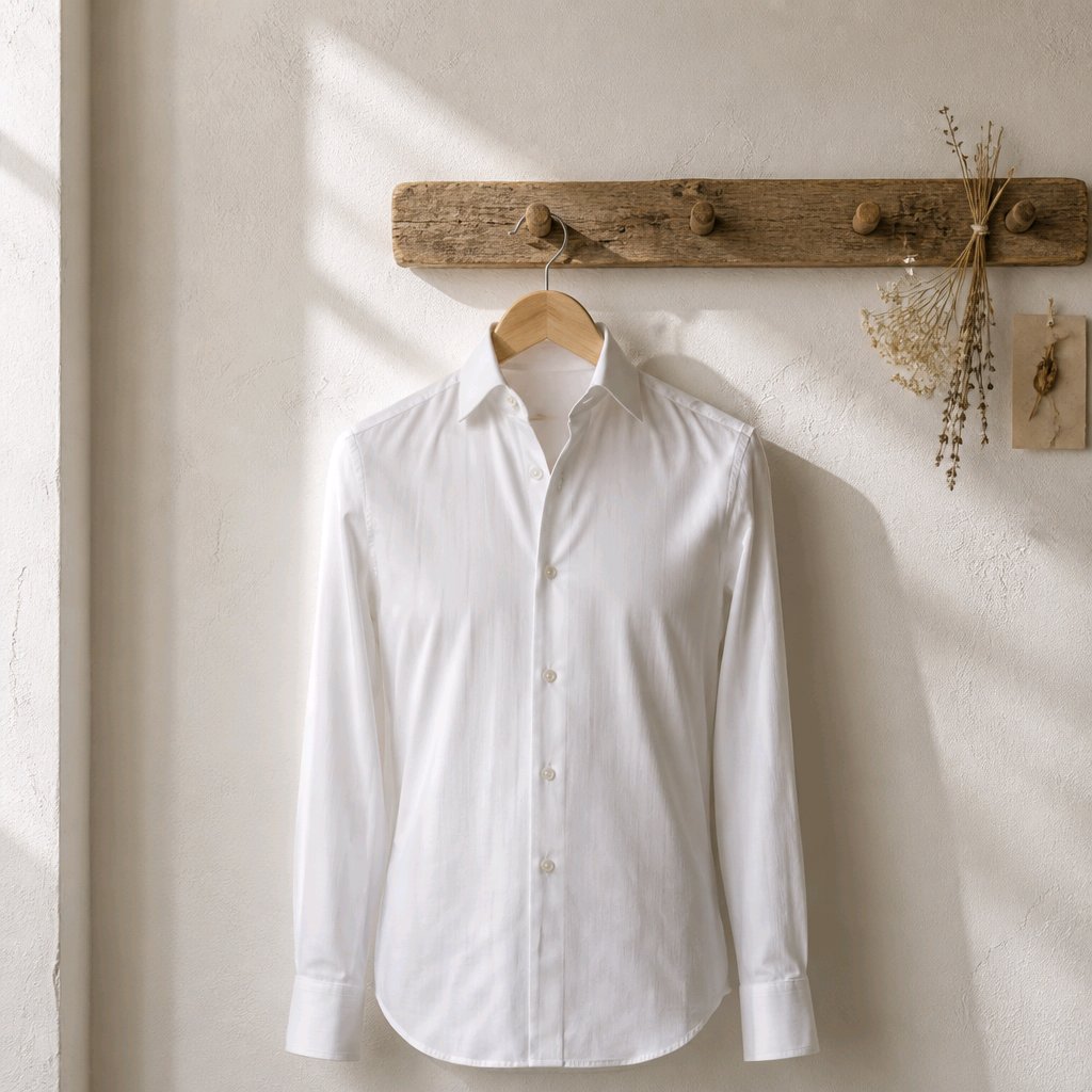 A white long-sleeve button-up dress shirt hanging on a wooden hanger from a rustic wooden peg rack against a textured off-white wall.