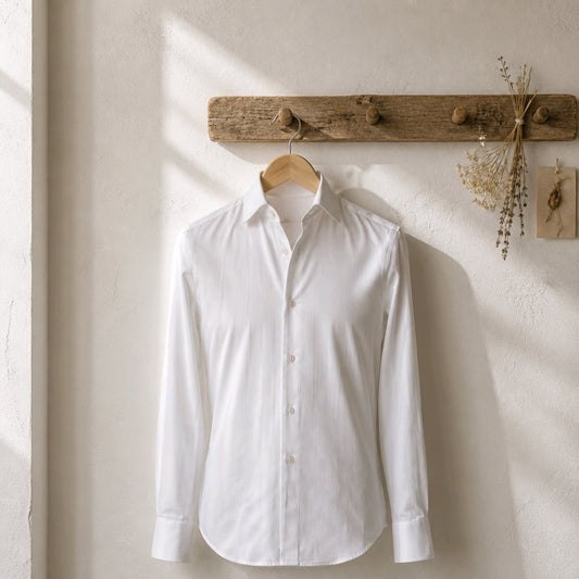 A white long-sleeve button-up dress shirt hanging on a wooden hanger from a rustic wooden peg rack against a textured off-white wall.