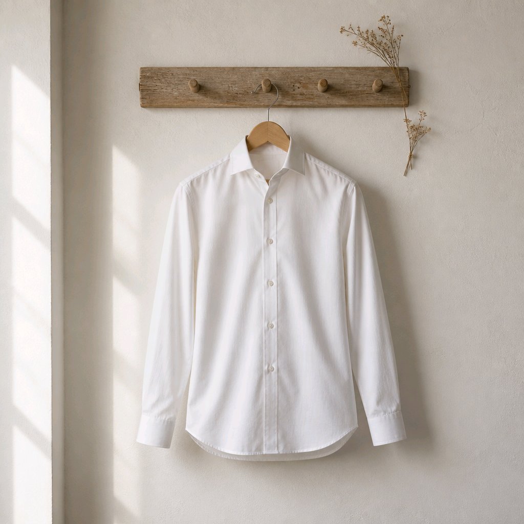 A white long-sleeve button-up dress shirt hanging on a wooden hanger from a rustic wooden wall hook, set against a warm beige textured wall with soft window light casting shadows.