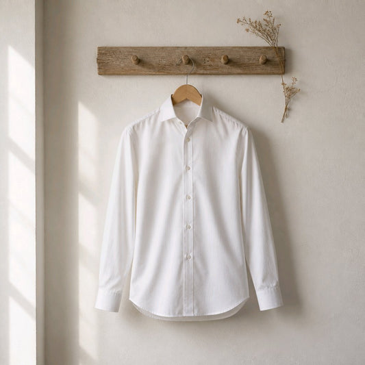 A white long-sleeve button-up dress shirt hanging on a wooden hanger from a rustic wooden wall hook, set against a warm beige textured wall with soft window light casting shadows.