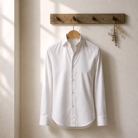 A white long-sleeve button-up dress shirt hanging on a wooden hanger from a rustic wooden wall hook, set against a warm beige textured wall with soft window light shadows.