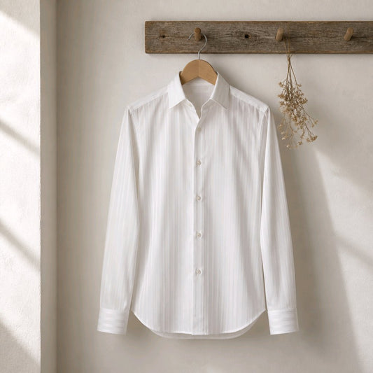 A white long-sleeve button-up shirt with subtle vertical texture, hanging on a wooden hanger from a rustic wooden wall hook against a warm off-white wall.