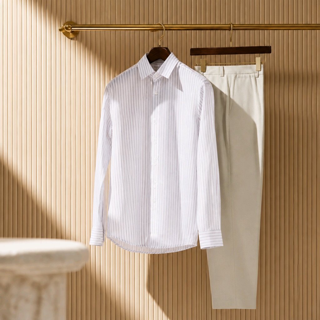 A white long-sleeve button-up shirt with thin vertical stripes hangs on a dark hanger next to a pair of light beige trousers, both hanging from a gold rod against a beige ribbed wall.