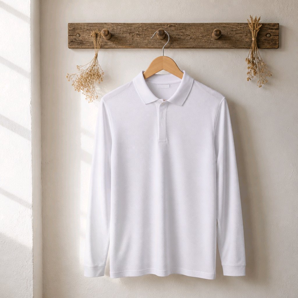 A white long-sleeve polo shirt hanging on a wooden hanger from a rustic wooden wall hook, with dried flowers on either side, against a warm off-white wall.