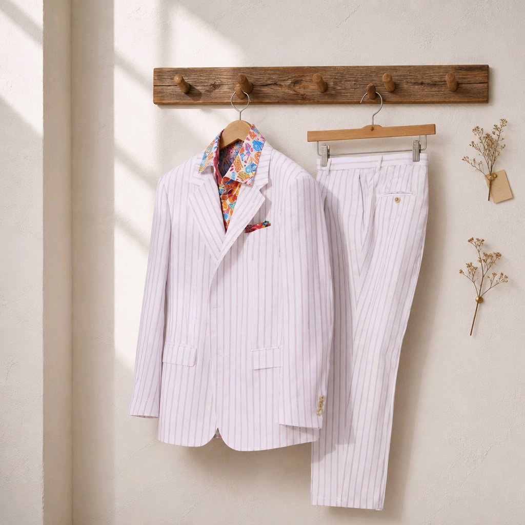 A white pinstripe suit set consisting of a blazer and matching trousers, hanging on wooden hangers from a rustic wooden rack against a textured cream wall.