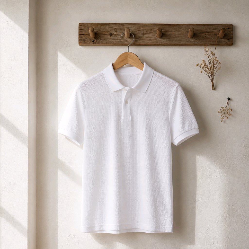 A white short-sleeve polo shirt hanging on a wooden hanger from a rustic wooden wall hook, set against a textured off-white wall with soft sunlight and shadows.