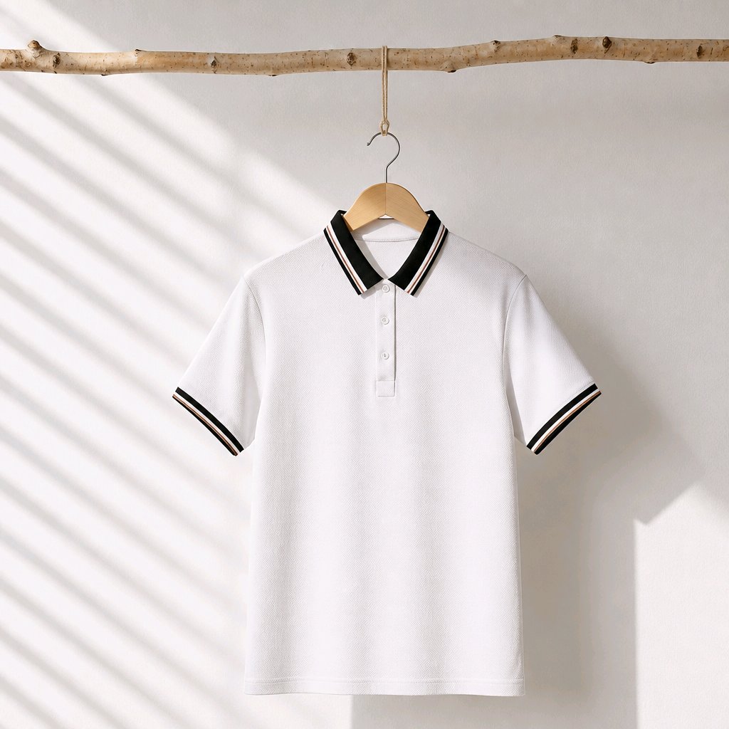 A white short-sleeve polo shirt with black and white striped collar and sleeve cuffs, hanging on a wooden hanger from a natural wood branch against a white wall with diagonal shadow patterns.