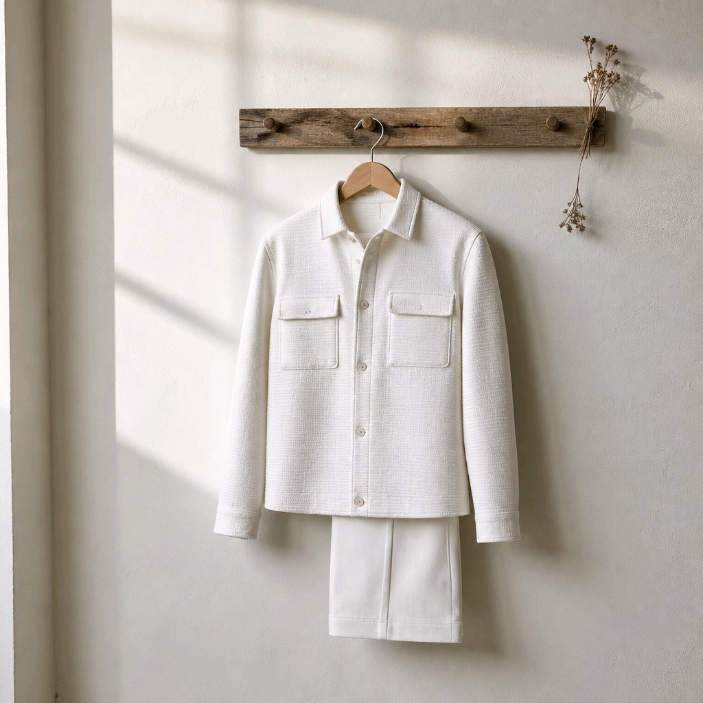 A white textured two-piece suit consisting of a long-sleeve button-up shirt jacket and matching trousers, hanging on a wooden hanger from a rustic wooden wall rack against a warm off-white wall.