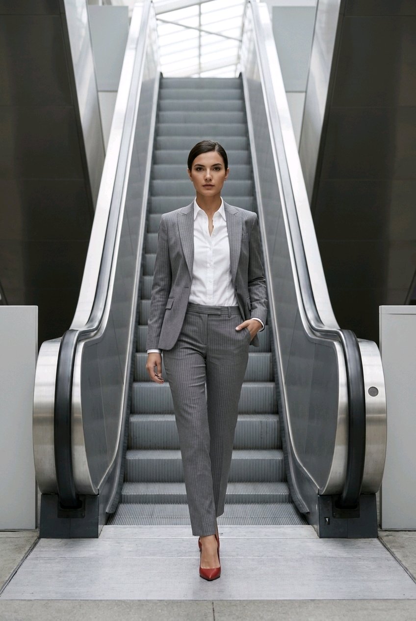 A woman in a gray two-piece suit with a white shirt and red heels walks down an escalator in a modern building.