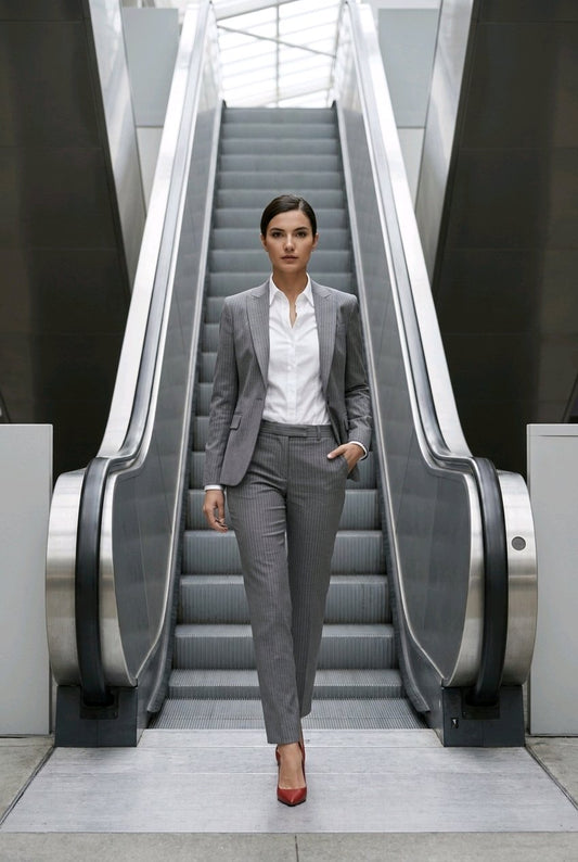 A woman in a gray two-piece suit with a white shirt and red heels walks down an escalator in a modern building.