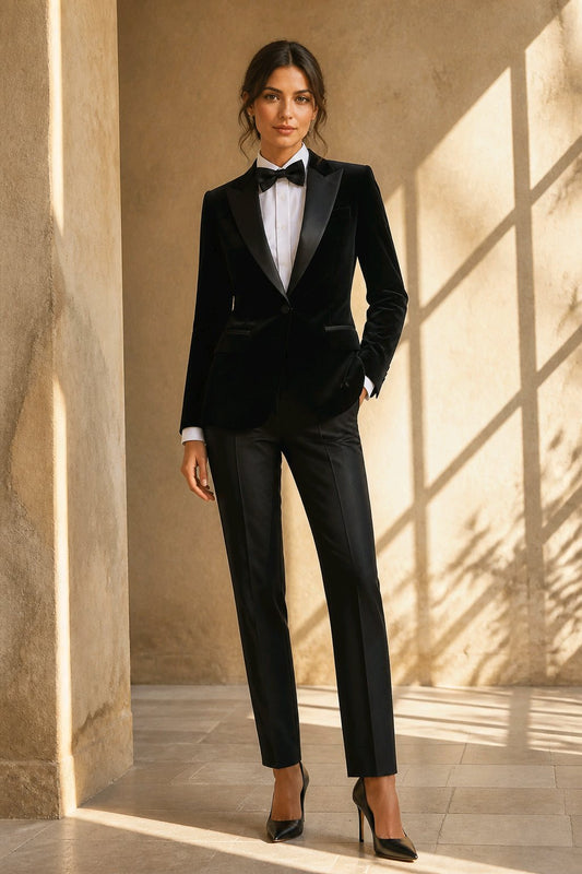 A woman modeling a black velvet tuxedo jacket with black satin lapels, paired with black trousers, a white dress shirt, a black bow tie, and black high heels in a sunlit architectural setting.