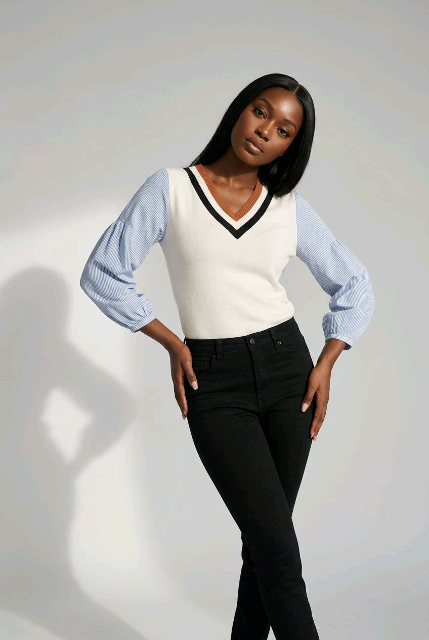 A woman modeling a light blue long-sleeve shirt layered under a white V-neck knit sweater with black trim, paired with black pants, against a light gray studio background.
