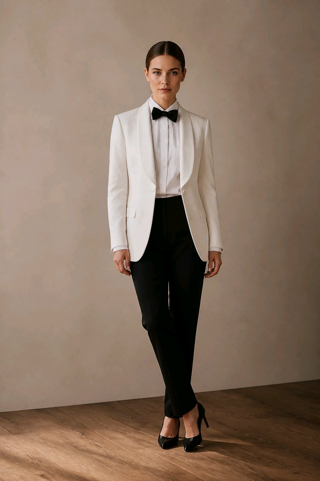 A woman modeling a white tuxedo jacket with a white shirt, black bow tie, black trousers, and black heels against a neutral beige wall and wood floor.