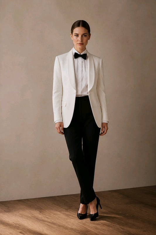 A woman modeling a white tuxedo jacket with a white shirt, black bow tie, black trousers, and black heels against a neutral beige wall and wood floor.