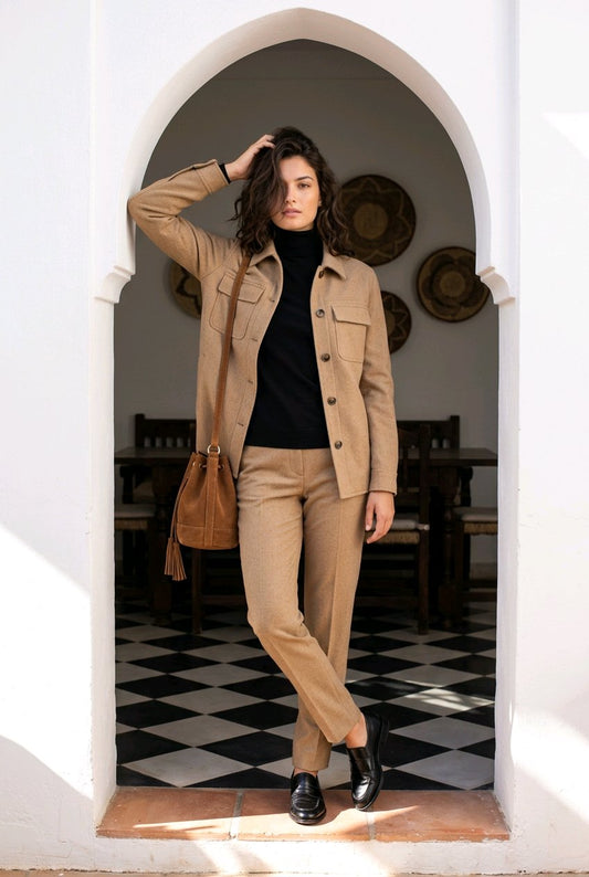 A woman models a beige two-piece suit consisting of a button-up jacket and matching trousers, styled with a black turtleneck, black loafers, and a brown shoulder bag, standing in a white arched doorway.