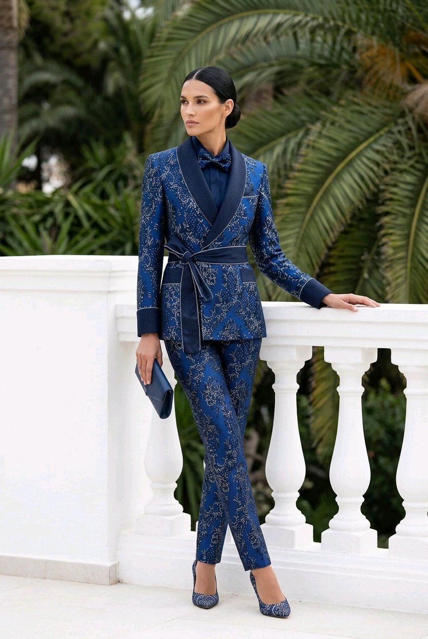A woman models a blue and gold patterned two-piece suit with a shawl collar blazer and matching trousers, standing on a white terrace with palm trees in the background.