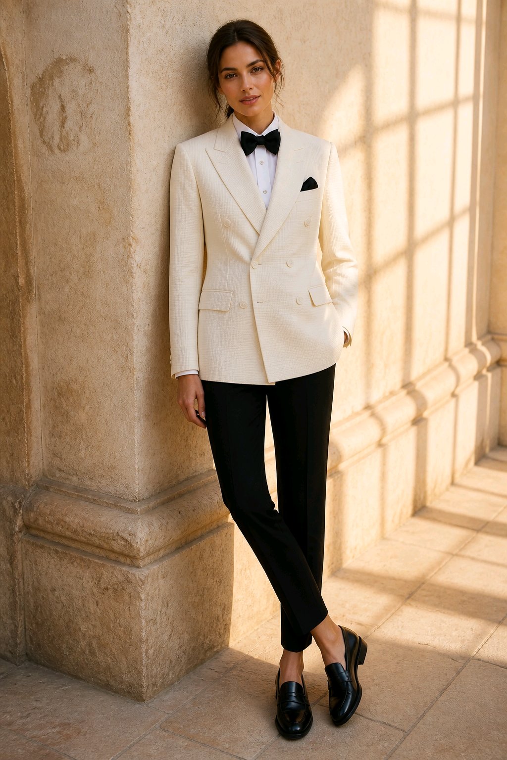 A woman models a cream double-breasted blazer with black trousers, a black bow tie, and black loafers, leaning against a stone pillar in warm sunlight.
