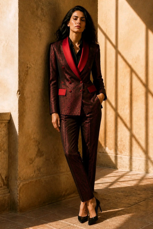 A woman models a dark burgundy and black textured suit with a vibrant red shawl collar and matching red pocket flaps, standing in a sunlit stone corridor.