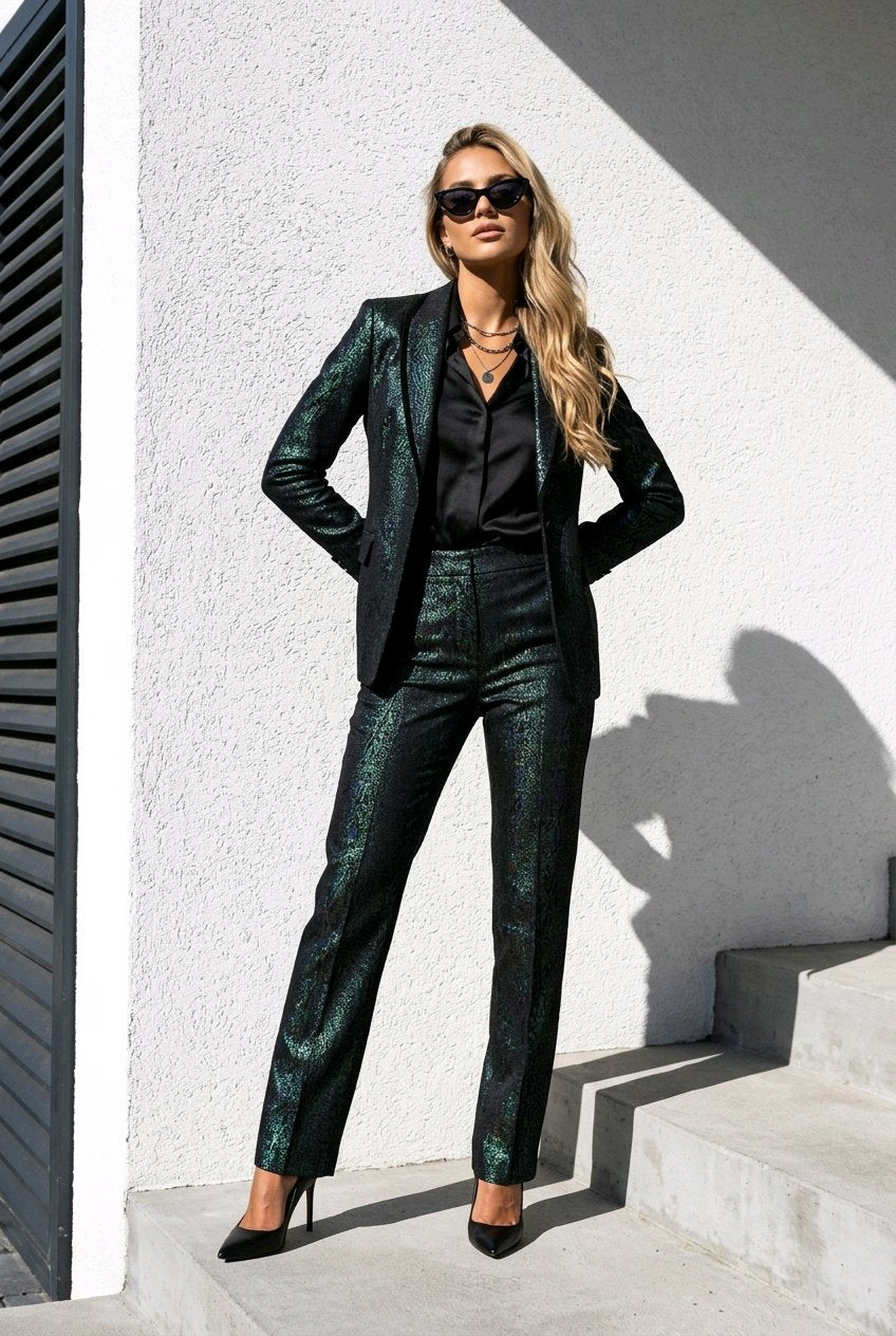 A woman models a dark green metallic textured blazer and matching trousers with a black shirt and black heels, standing on concrete steps against a white wall.