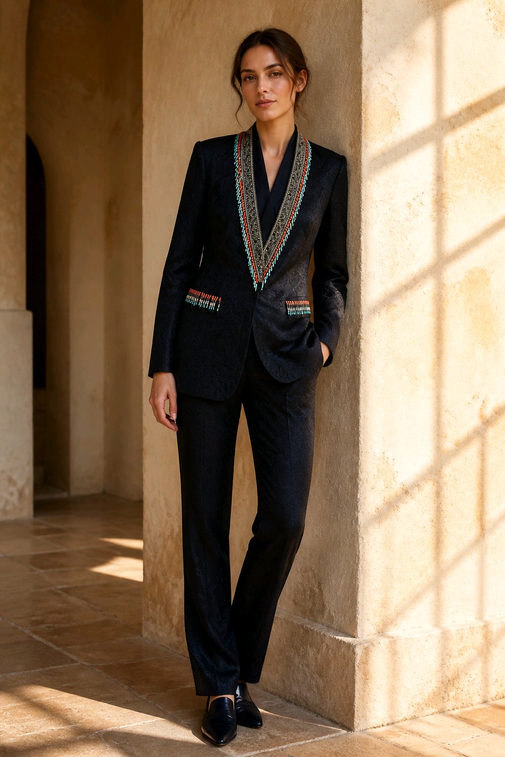 A woman models a dark navy blue tailored suit with distinctive colorful geometric embroidered trim along the notched lapels and pocket flaps, set against a warm beige stone archway background with window shadow patterns.