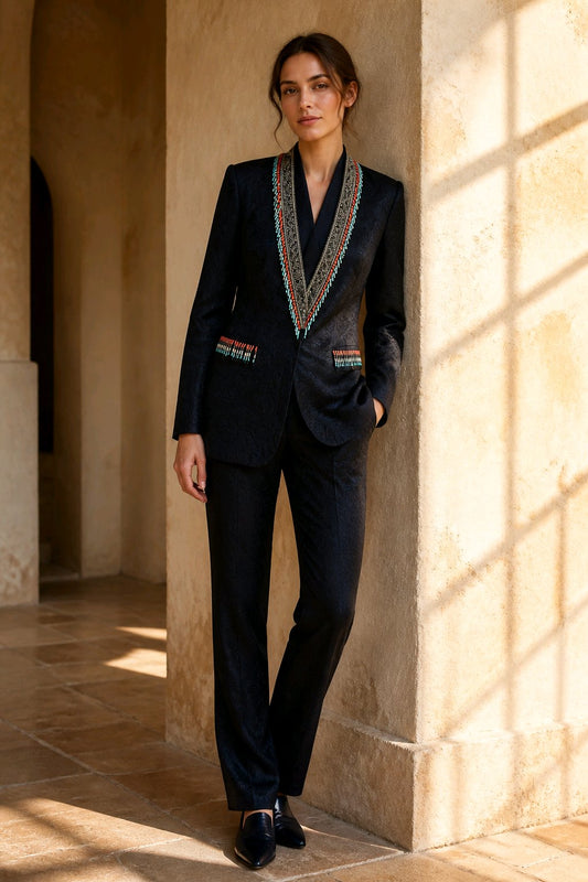 A woman models a dark navy blue tailored suit with distinctive colorful geometric embroidered trim along the notched lapels and pocket flaps, set against a warm beige stone archway background with window shadow patterns.