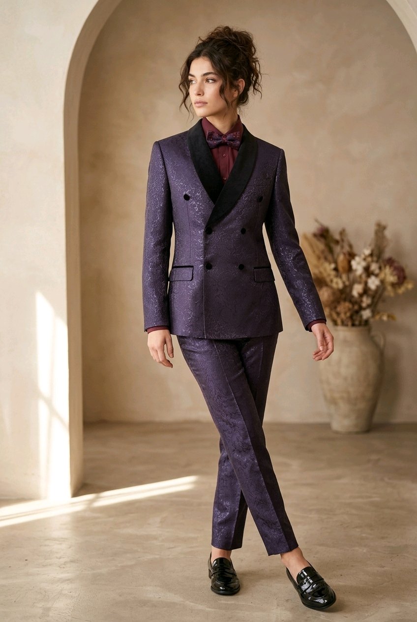 A woman models a dark purple double-breasted suit with a subtle glittery texture, black peak lapels, and a matching purple bow tie, set against a warm beige architectural background with arches.