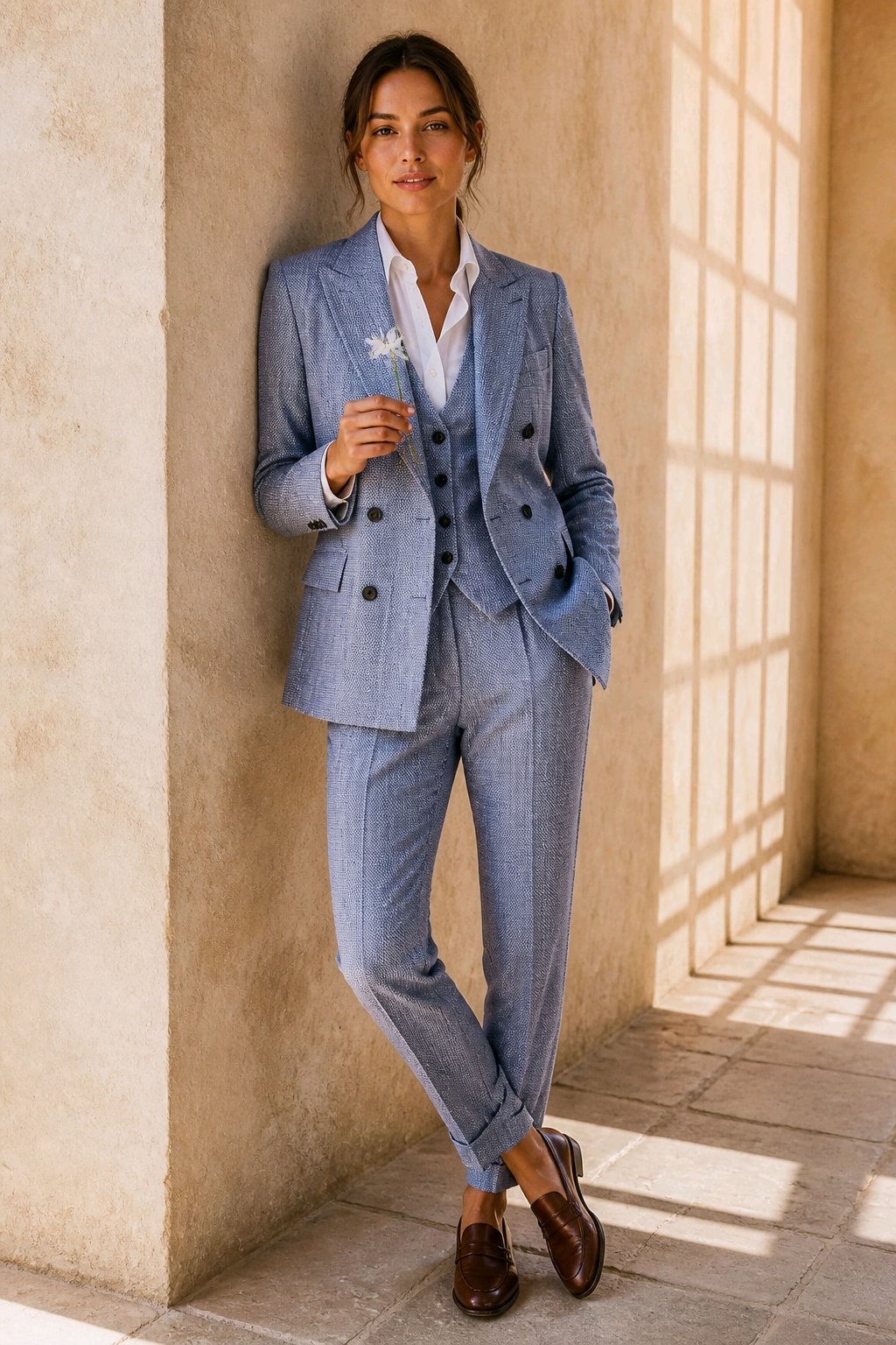 A woman models a light blue double-breasted suit with a white shirt and brown loafers, leaning against a textured beige wall in a sunlit interior.