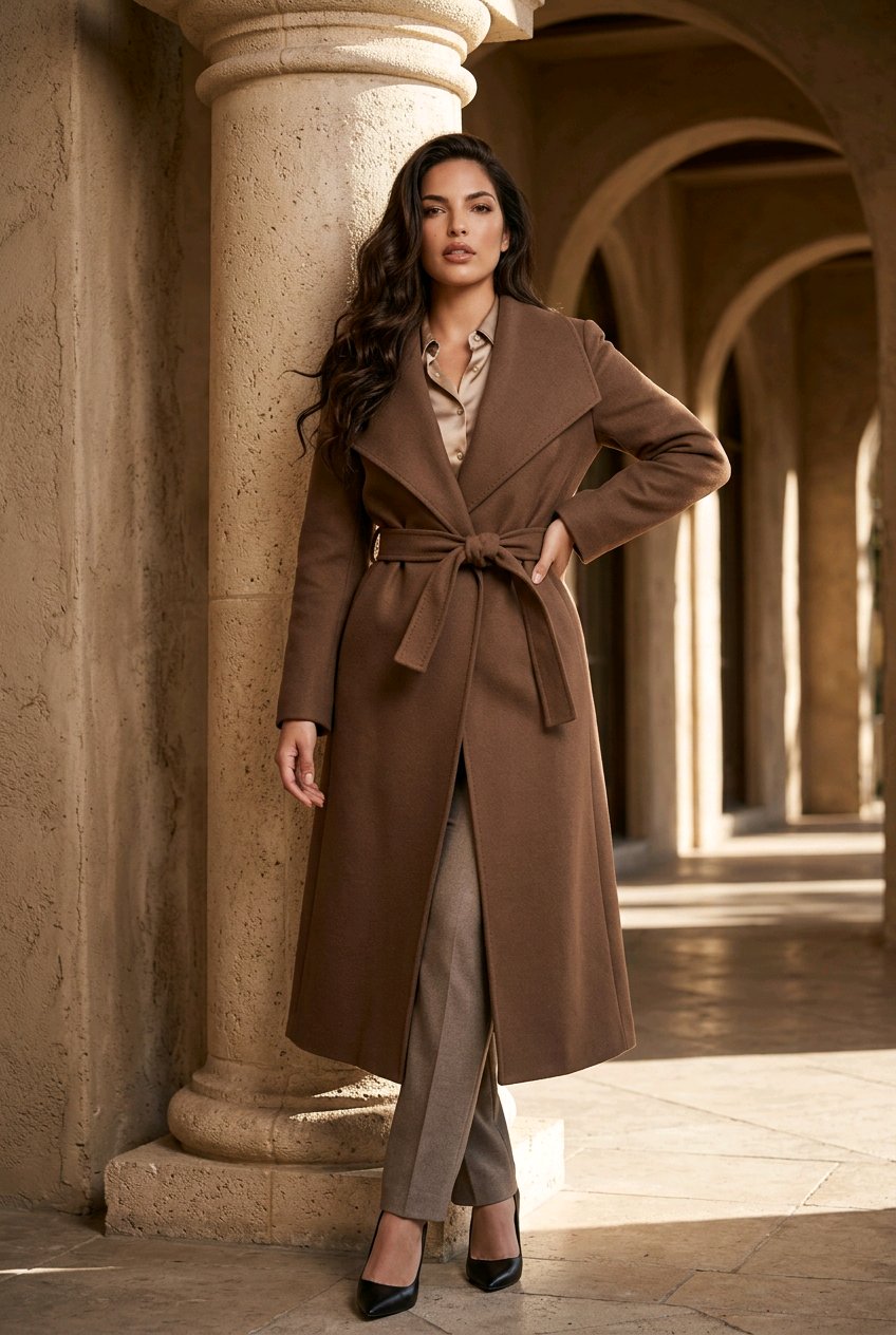 A woman models a long brown belted coat in an elegant stone colonnade setting. She is wearing taupe trousers and black heels.