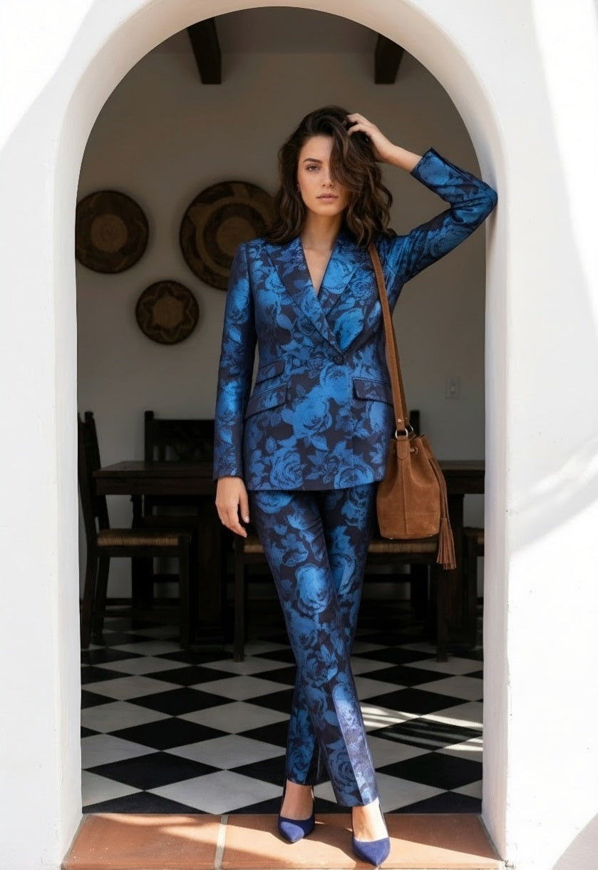 A woman models a matching blue floral print blazer and trousers set, styled with a brown shoulder bag and blue pointed-toe heels, standing in a white arched doorway.