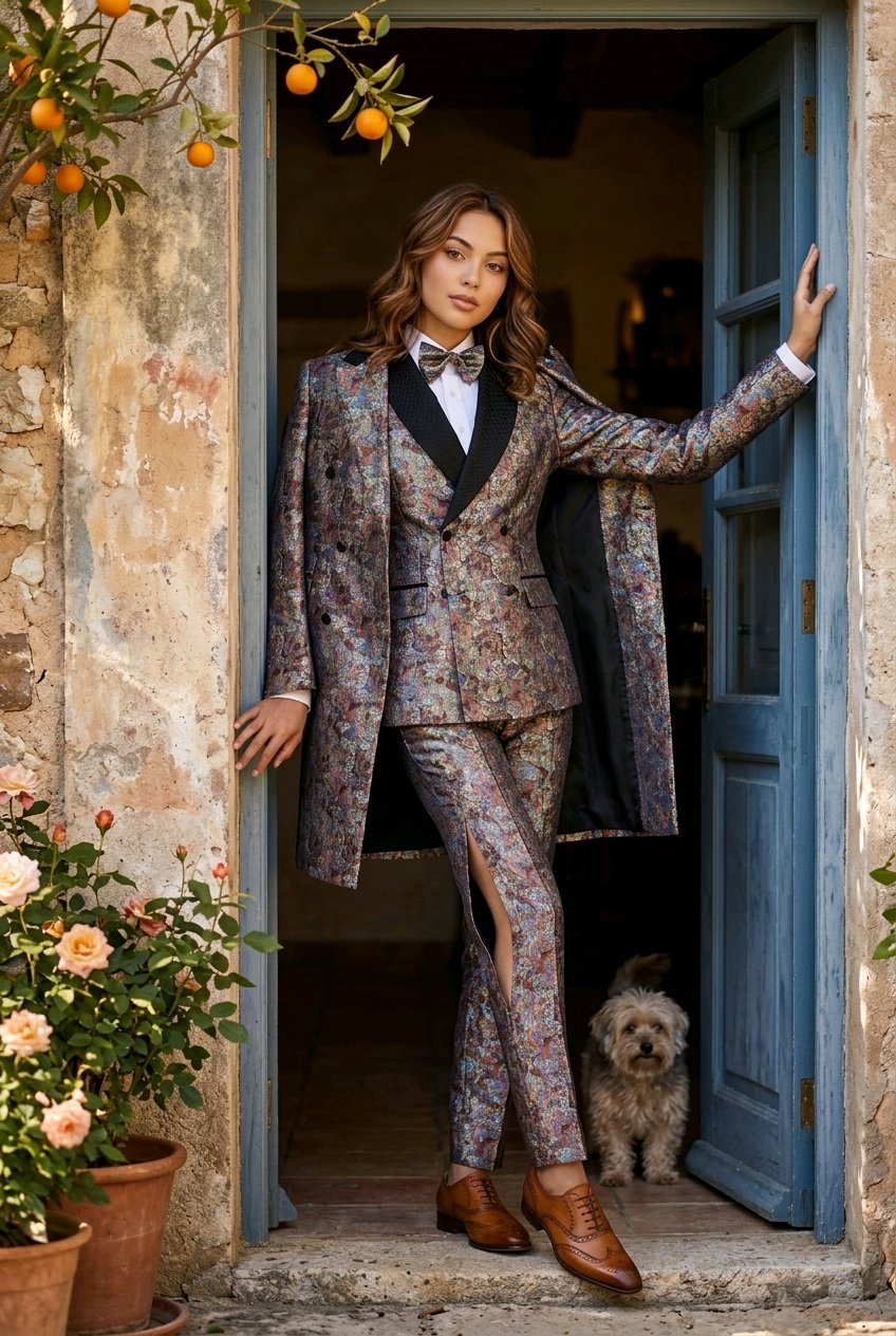 A woman models a matching floral patterned suit with a black bow tie and brown leather shoes, standing in a rustic stone doorway with a small dog behind her.