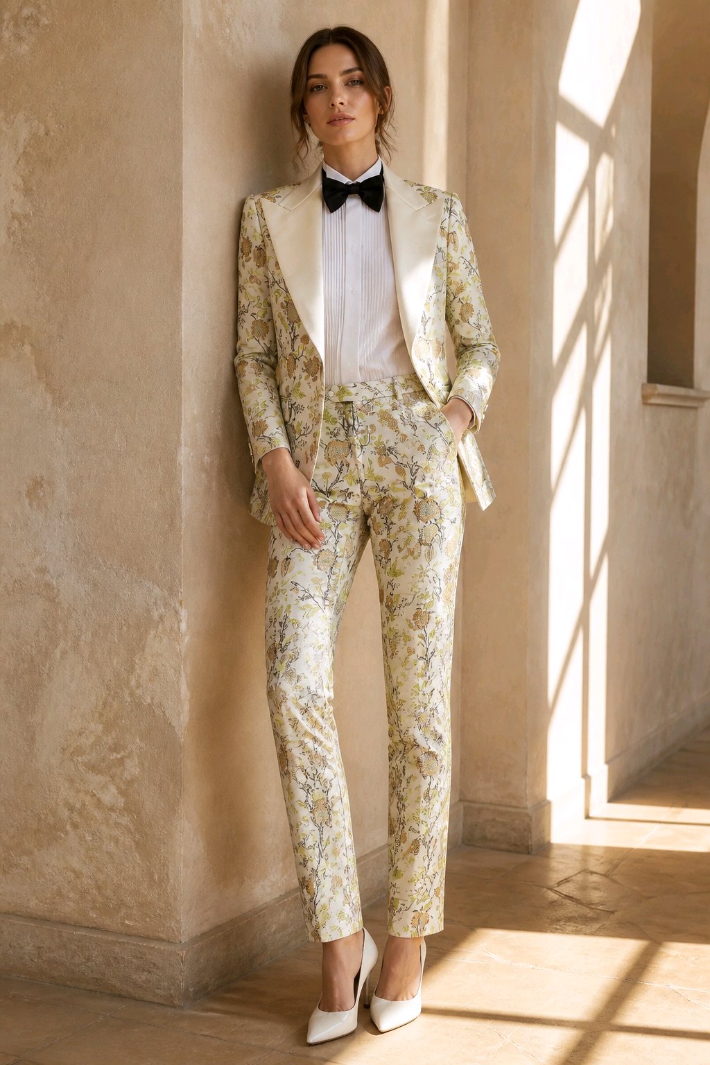 A woman models a matching floral print blazer and trouser set with cream satin lapels, styled with a white shirt, black bow tie, and white pointed-toe heels in a sunlit architectural setting.