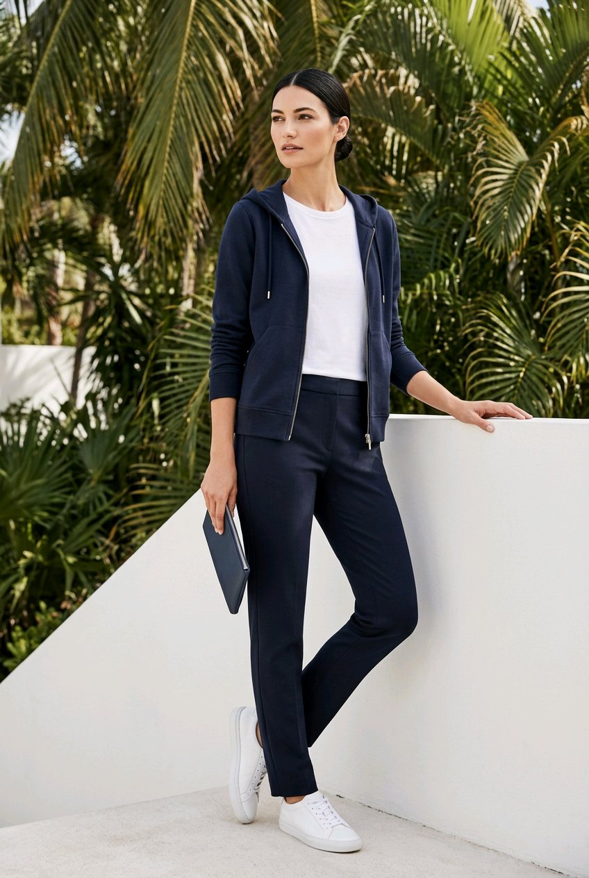 A woman models a matching navy blue two-piece tracksuit consisting of a zip-up hoodie and slim-fit trousers, styled with a white t-shirt, white sneakers, and a dark clutch, set against a tropical background with palm trees and a white architectural wall.
