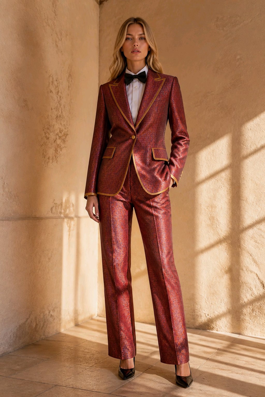 A woman models a metallic burgundy and gold patterned two-piece suit with a white shirt and black bow tie, standing in a sunlit room with textured beige walls.