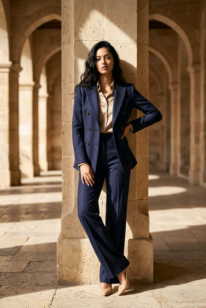 A woman models a navy blue double-breasted suit with a beige blouse, standing in a stone colonnade with arches.
