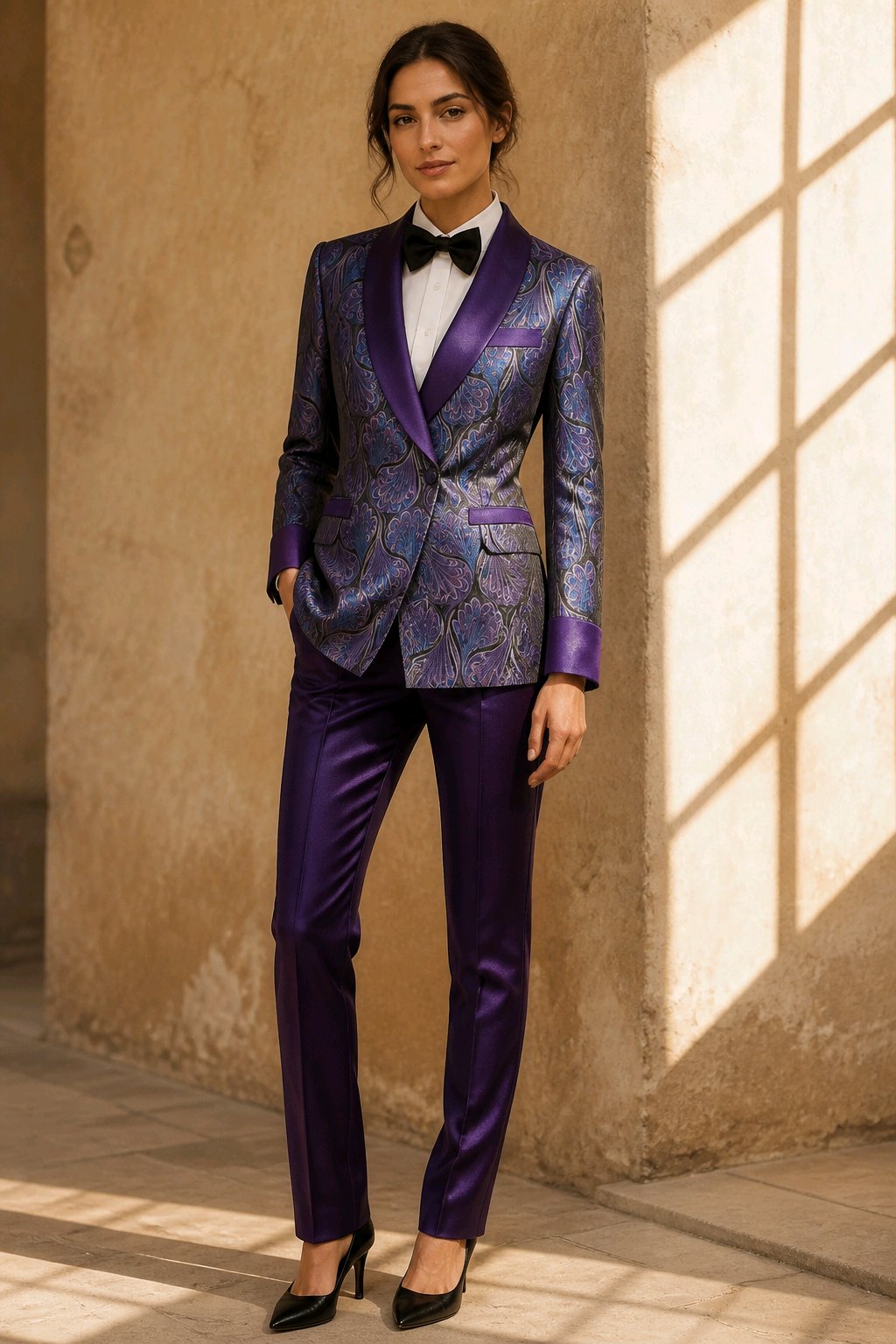 A woman models a purple patterned tuxedo jacket with satin purple shawl lapels, paired with matching purple trousers, a white shirt, and a black bow tie, standing in a sunlit stone corridor.