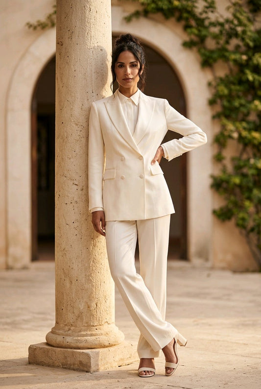 A woman models a tailored cream-colored double-breasted blazer and matching wide-leg trousers, styled with neutral high-heeled sandals. She is posing outdoors next to a large stone column in front of an arched doorway with green foliage.