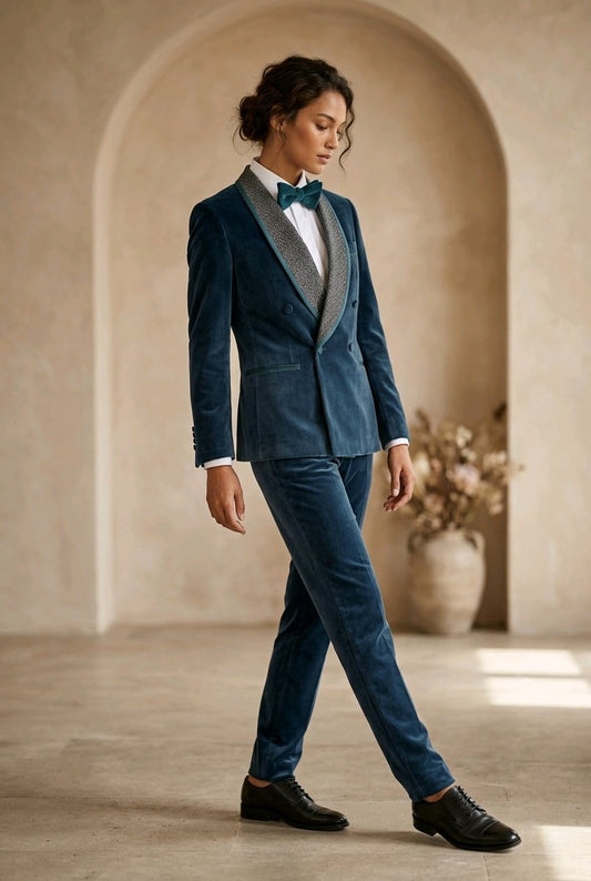 A woman models a tailored navy blue tuxedo-style suit with contrasting textured gray lapels, a white dress shirt, a gray patterned bow tie, and black dress shoes in a warm beige architectural setting.