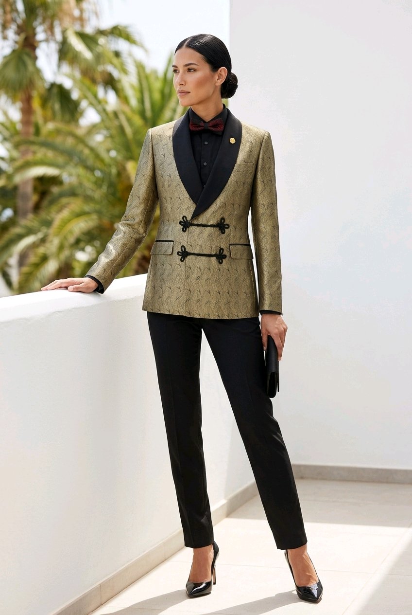 A woman models a tailored tuxedo-style blazer with black lapels and decorative front hardware, paired with black trousers, a black shirt, a dark red bow tie, and black heels, standing on a sunlit balcony with palm trees in the background.