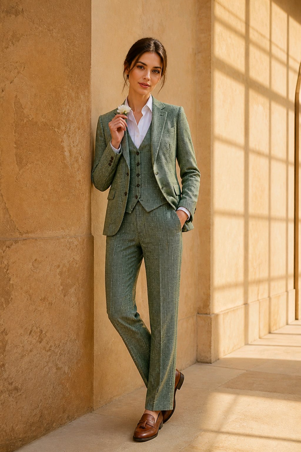 A woman models a three-piece olive green suit consisting of a blazer, vest, and trousers, paired with a white collared shirt and brown leather loafers, standing in a sunlit stone corridor.
