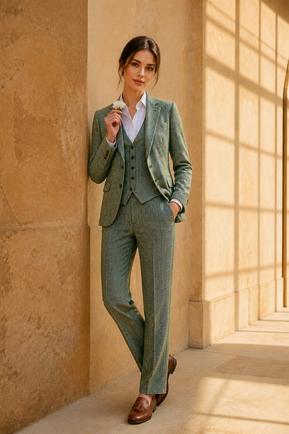 A woman models a three-piece olive green suit consisting of a blazer, vest, and trousers, paired with a white collared shirt and brown leather loafers, standing in a sunlit stone corridor.