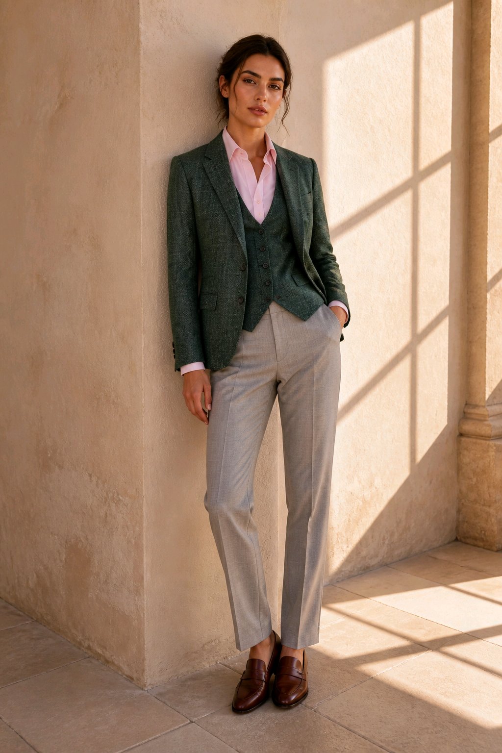 A woman models a three-piece suit consisting of a textured dark green blazer, matching vest, and light gray trousers, paired with a pink shirt and brown leather loafers, standing in a sunlit stone corridor.